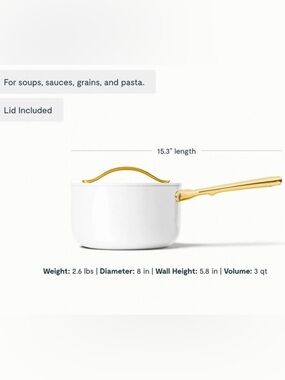 Caraway Nonstick Ceramic Sauce Pan with Lid (3 qt) | White + Gold